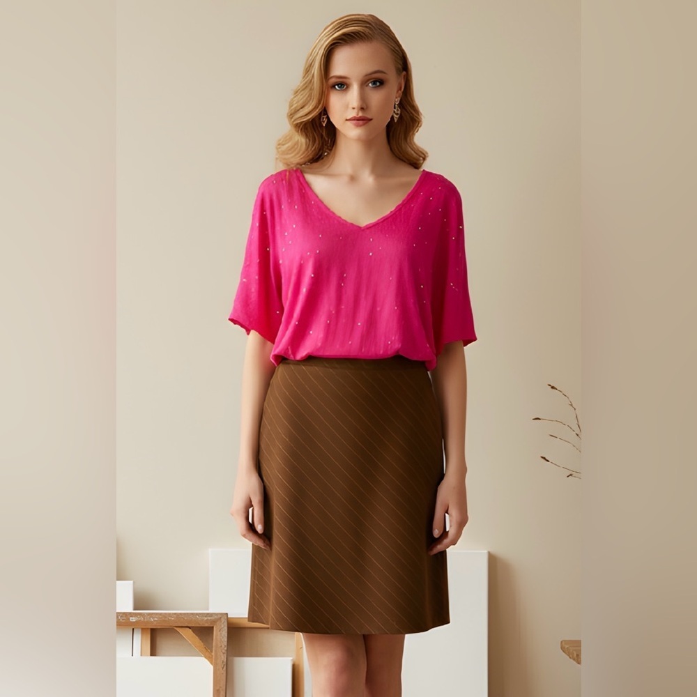 Trina Turk SZ 8 brown skirt with pink pin stripes. Waist 30” with side zip.